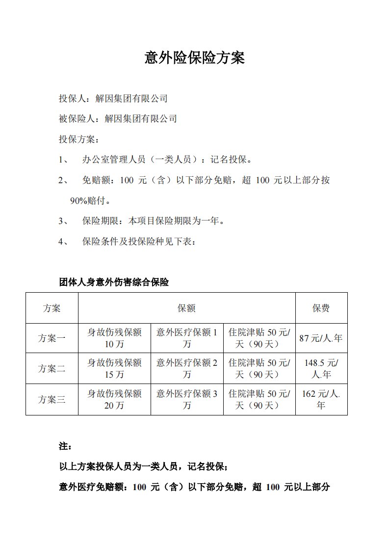 保险行业意外险保险方案（DOC