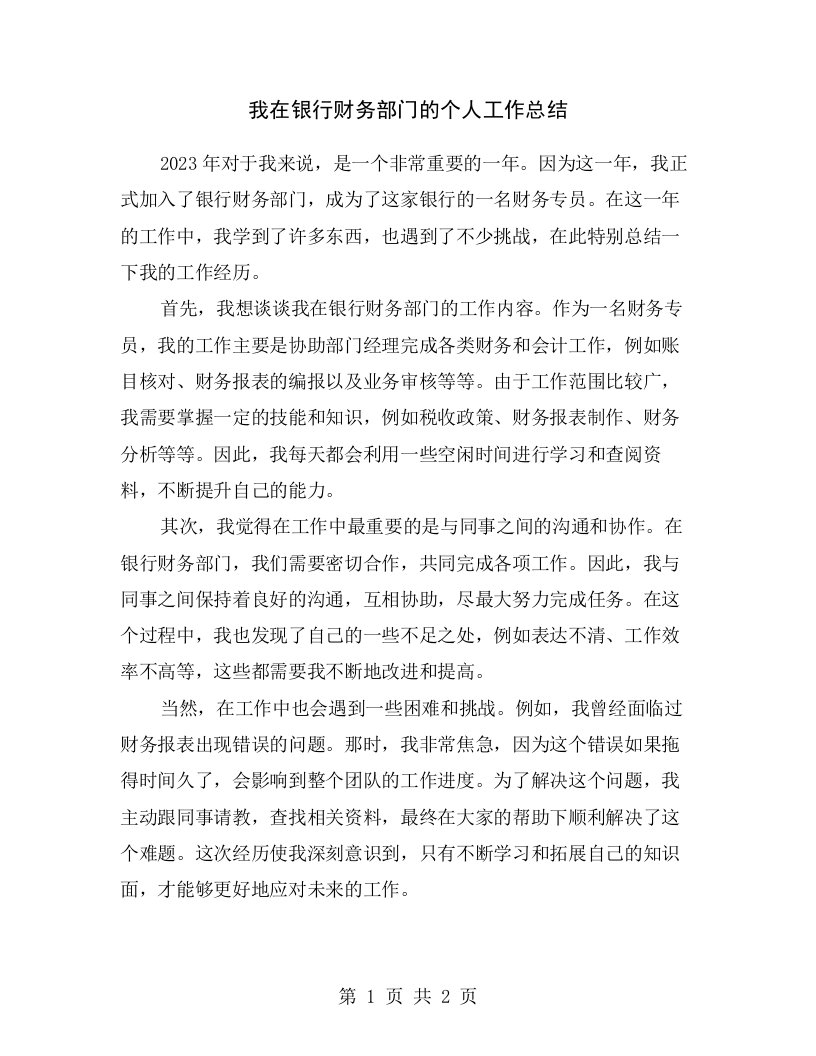 我在银行财务部门的个人工作总结