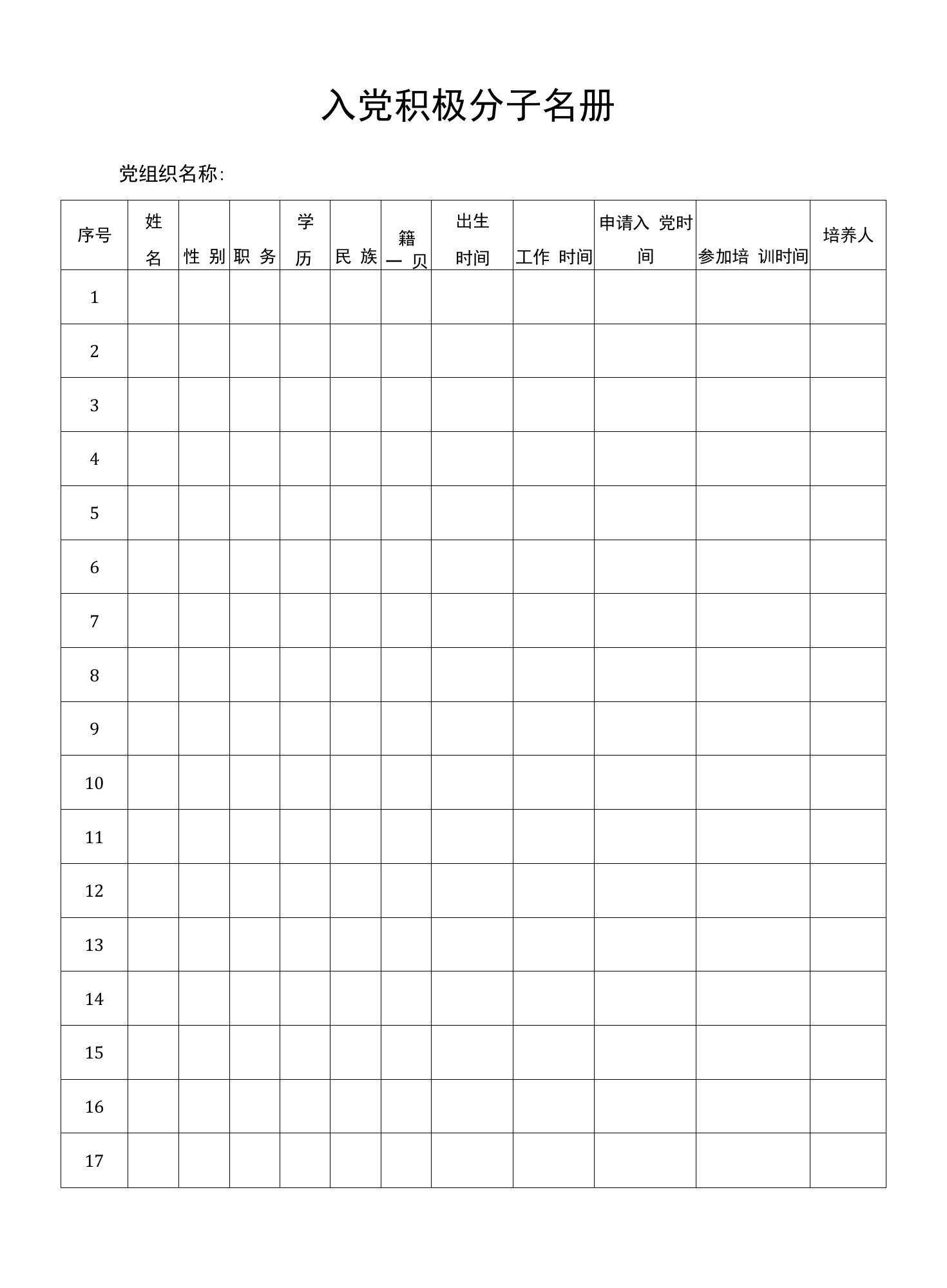 入党积极分子名册Word表格