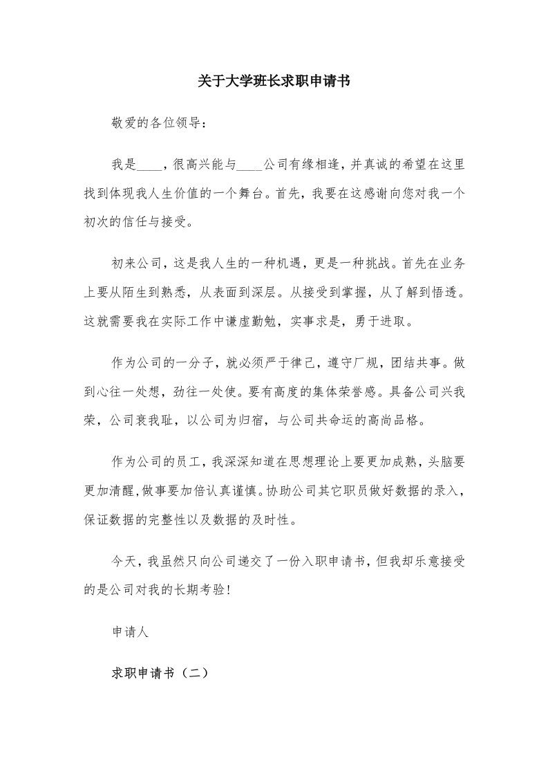 关于大学班长求职申请书