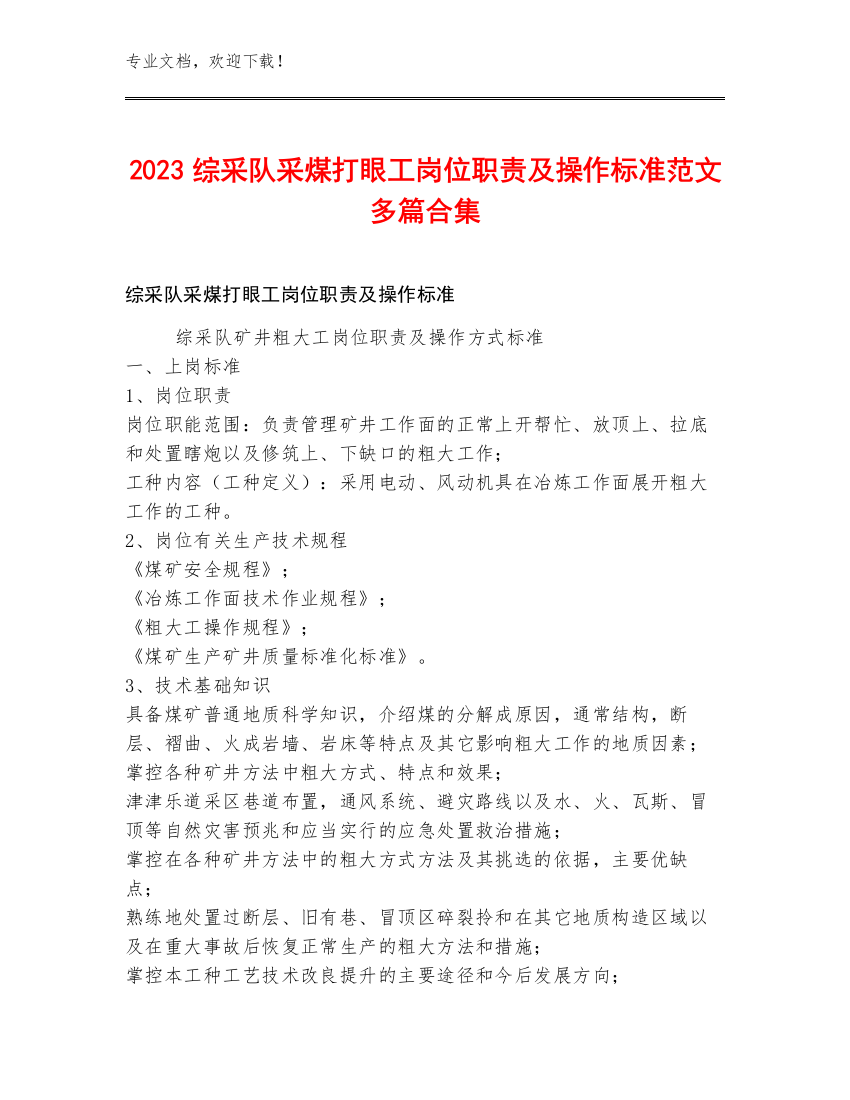 2023综采队采煤打眼工岗位职责及操作标准范文多篇合集