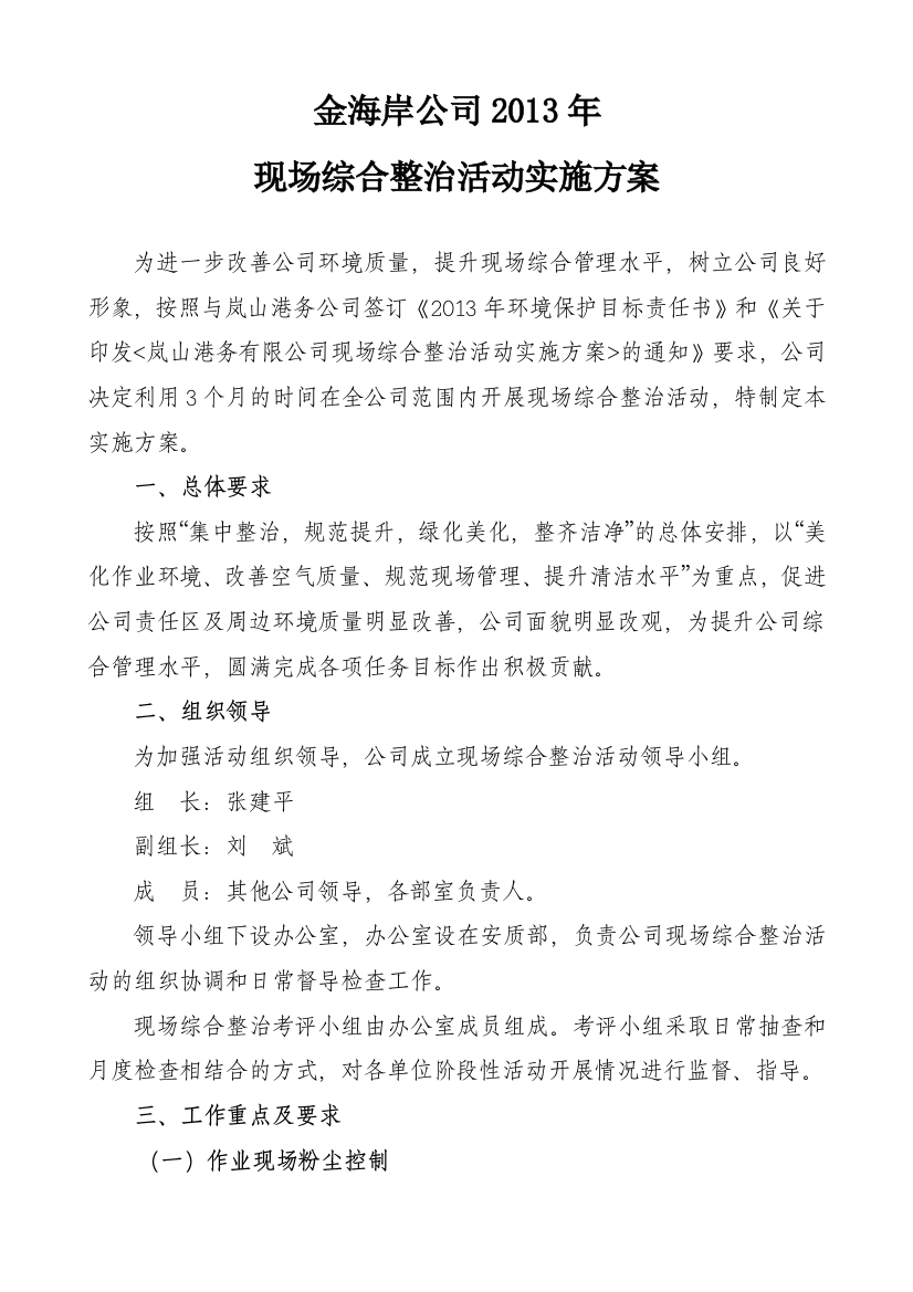 某某公司现场综合治理实施方案