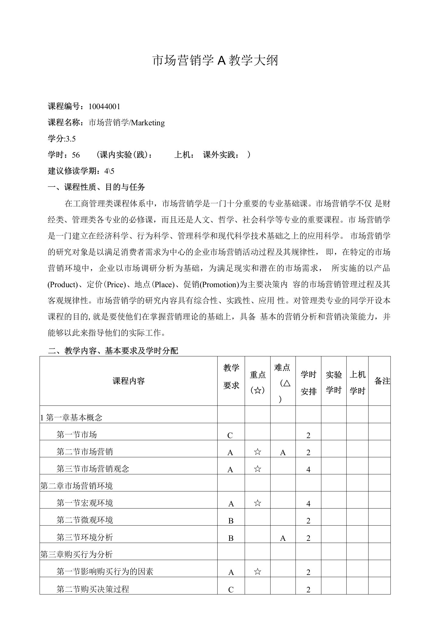 市场营销学A教学大纲