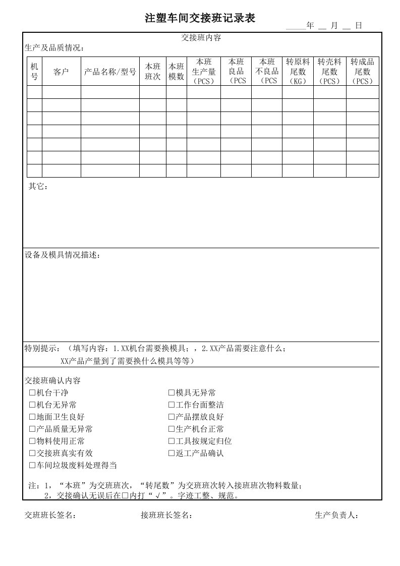 注塑车间交接班记录表