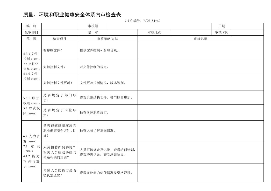 质量体系和新版环境和职业健康安全内审检查表