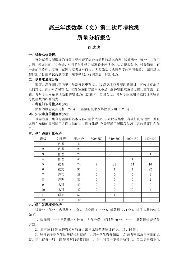 高三月考2数学(文)质量分析