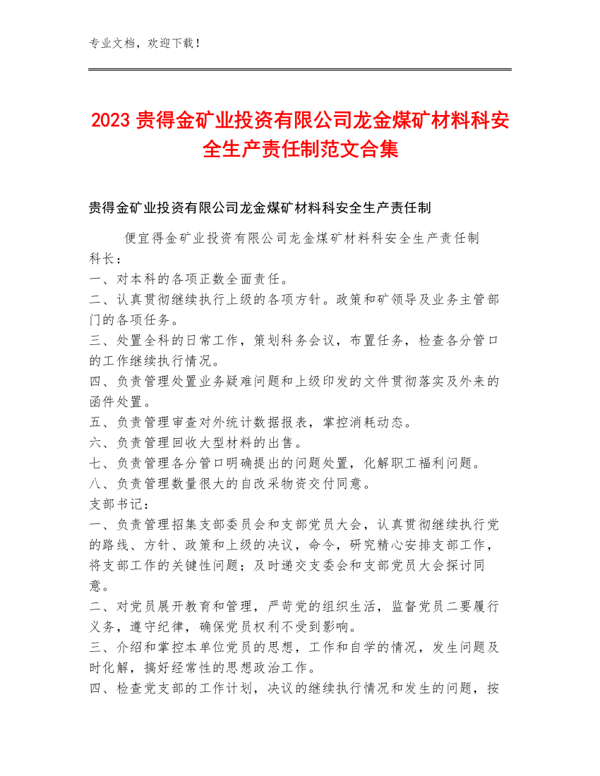 2023贵得金矿业投资有限公司龙金煤矿材料科安全生产责任制范文合集