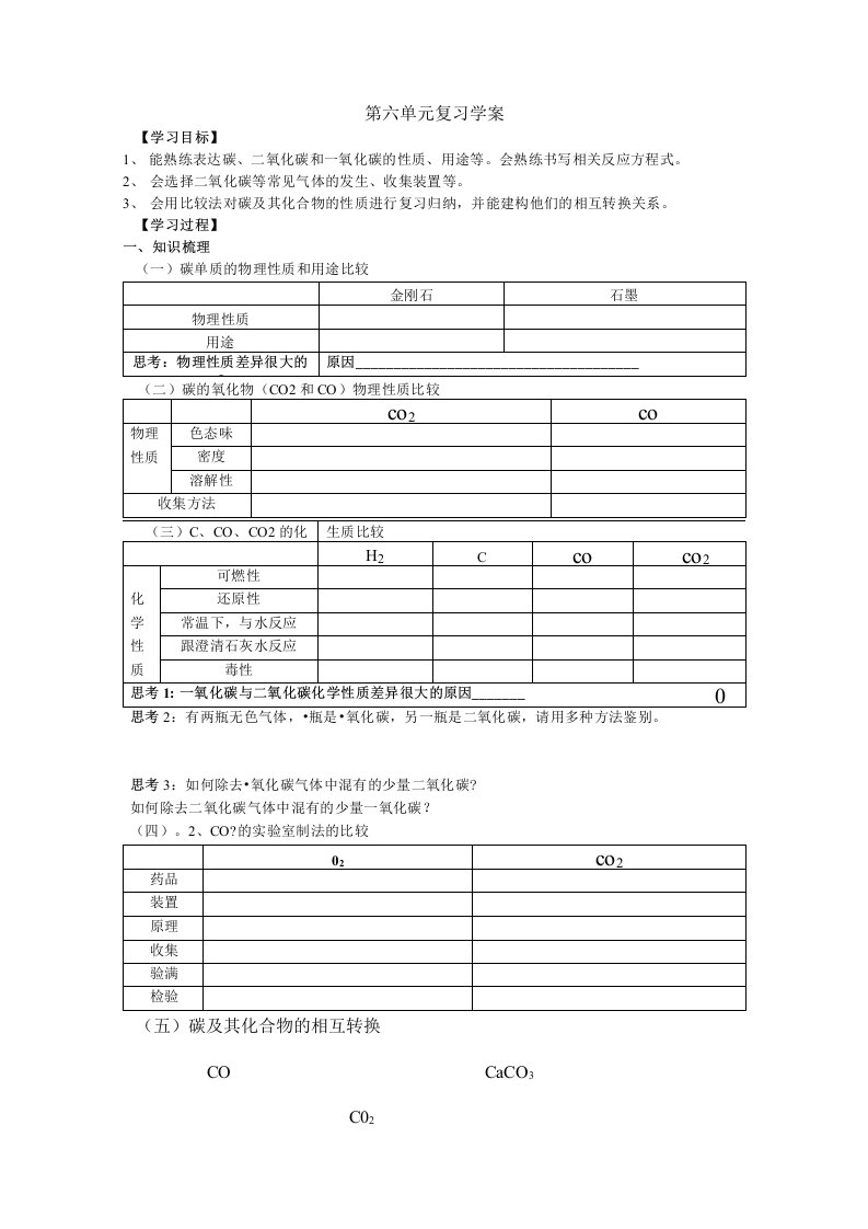 九年级化学第六单元复习学案教案