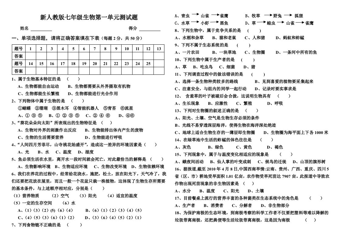 新人教版七年级生物第一单元测试题及答案