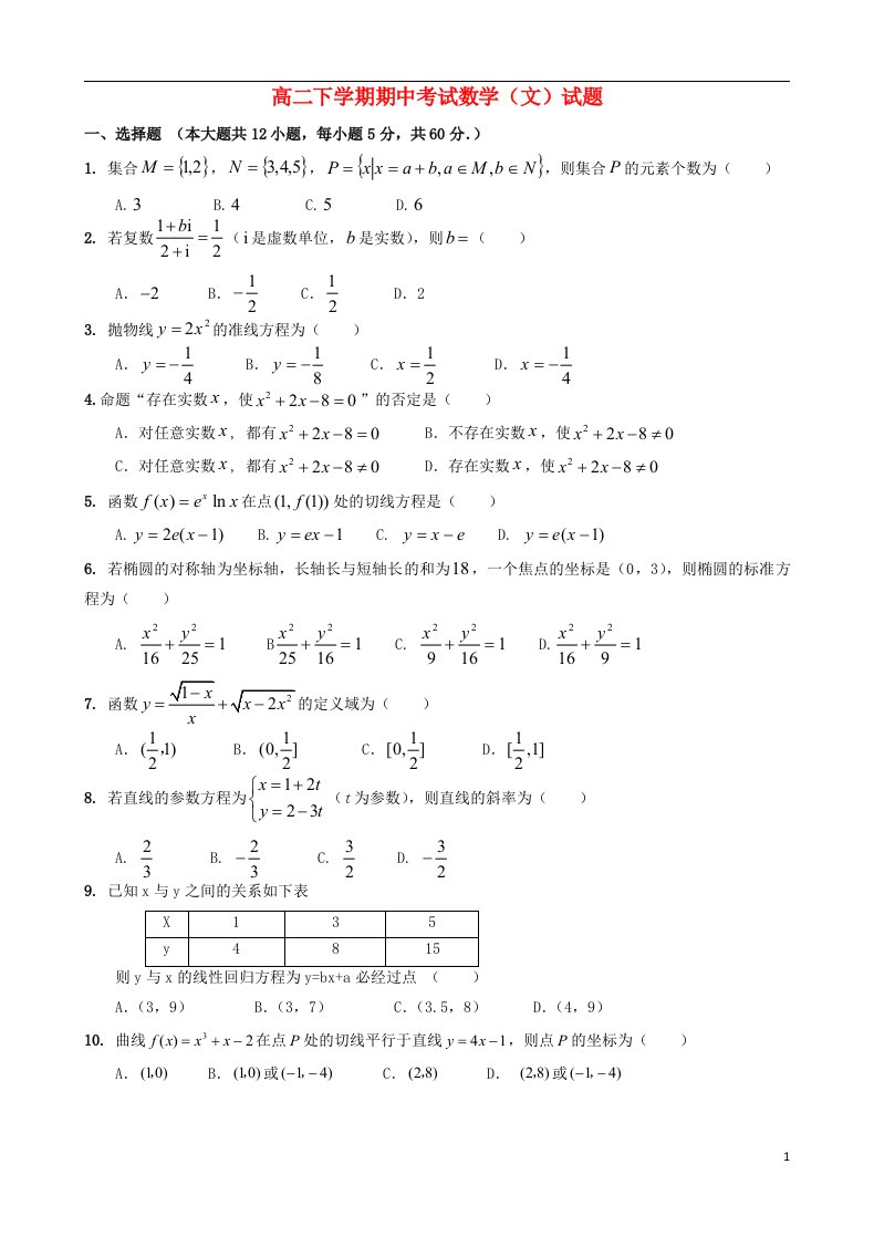 黑龙江省友谊县红兴隆管理局一中高二数学下学期期中试题