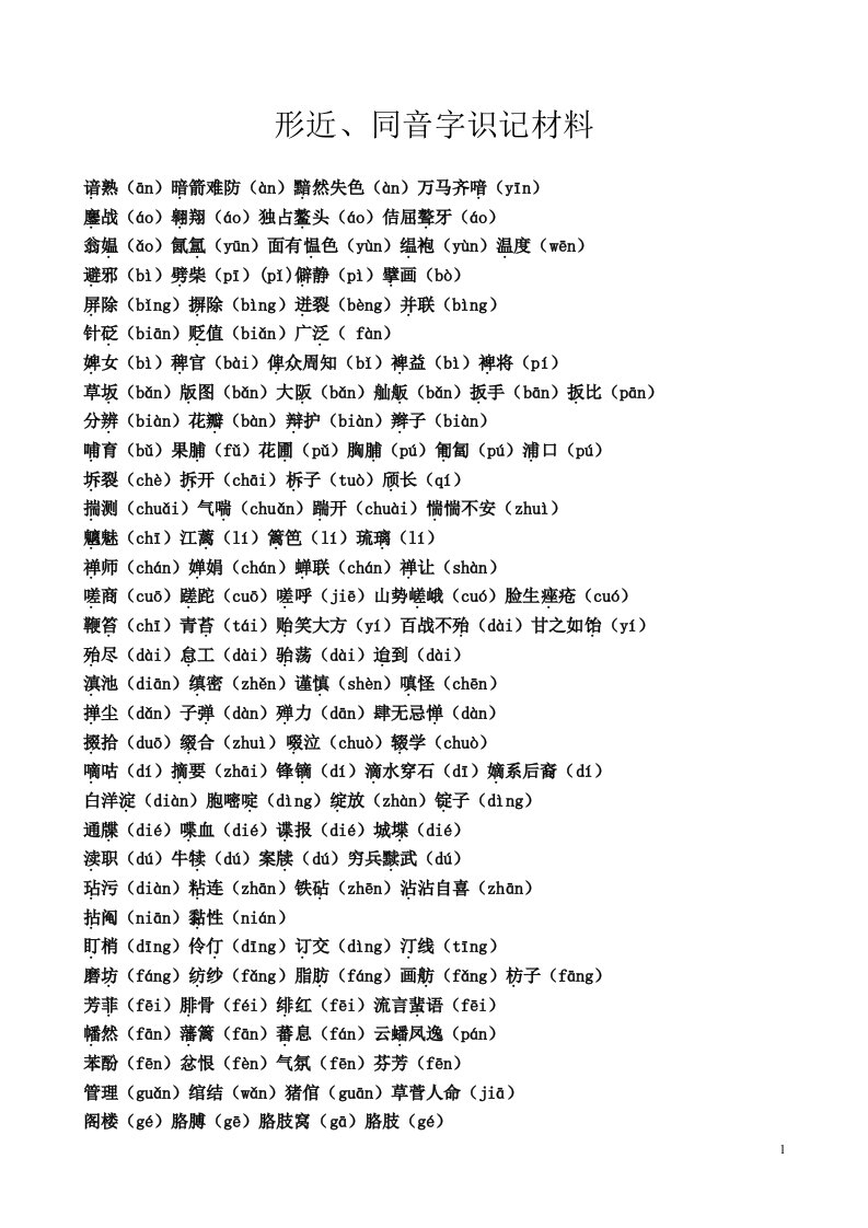 形近字、同音字识记材料