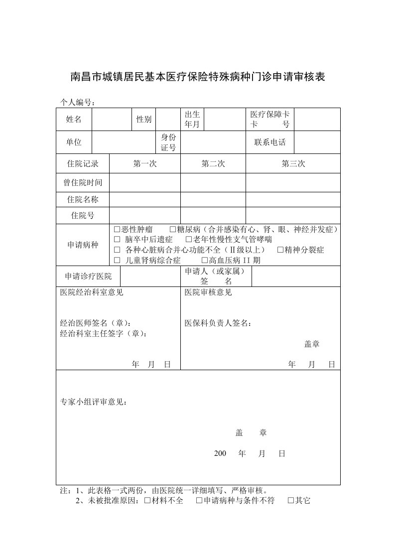 南昌市城镇居民基本医疗保险特殊病种门诊申请审核表