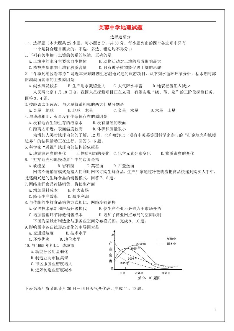 浙江省乐清市芙蓉中学高二地理下学期期末考试试题（选考班）