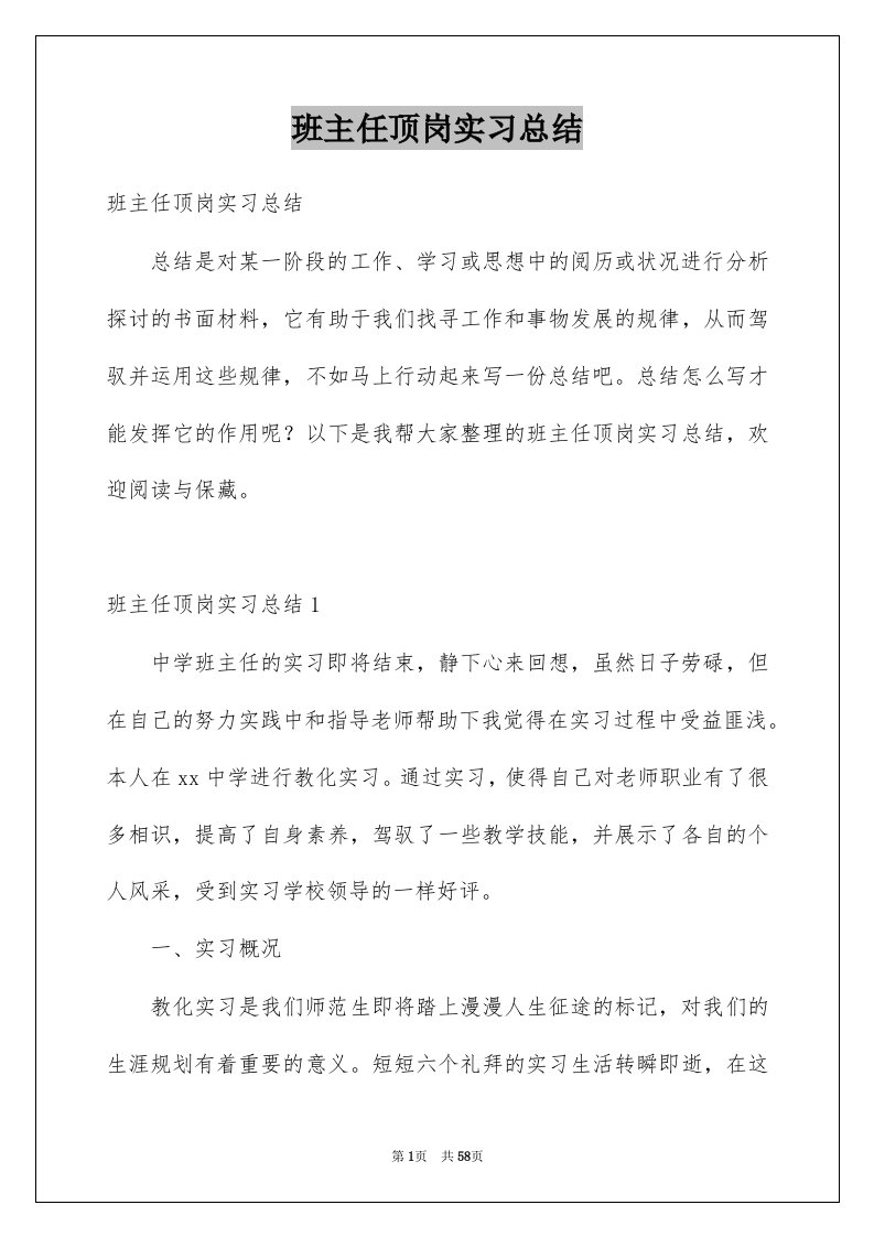 班主任顶岗实习总结例文