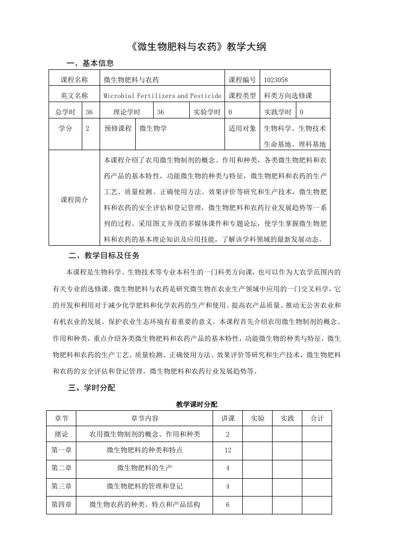 微生物肥料与农药教学大纲