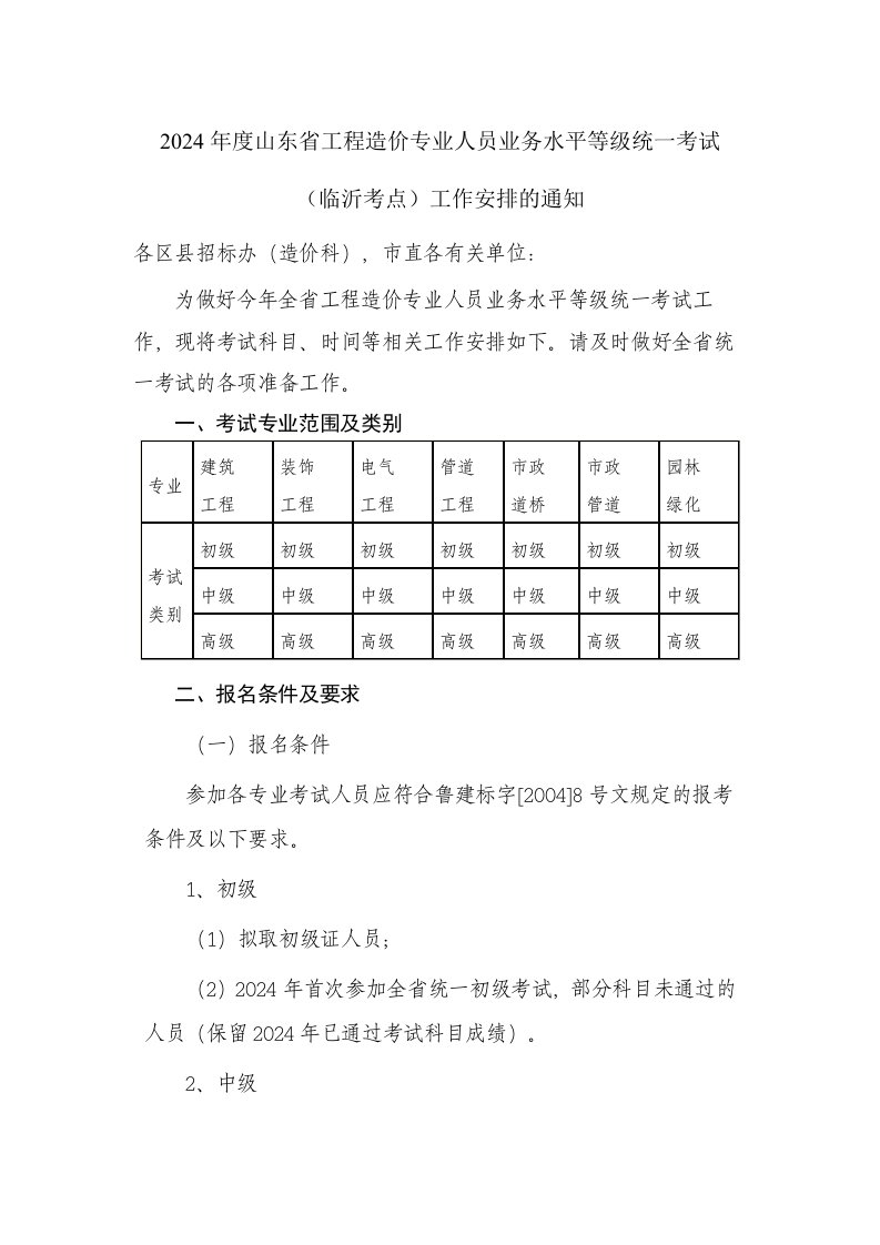 2024年度山东省工程造价专业人员业务水平等级统一考试工作安排的通知