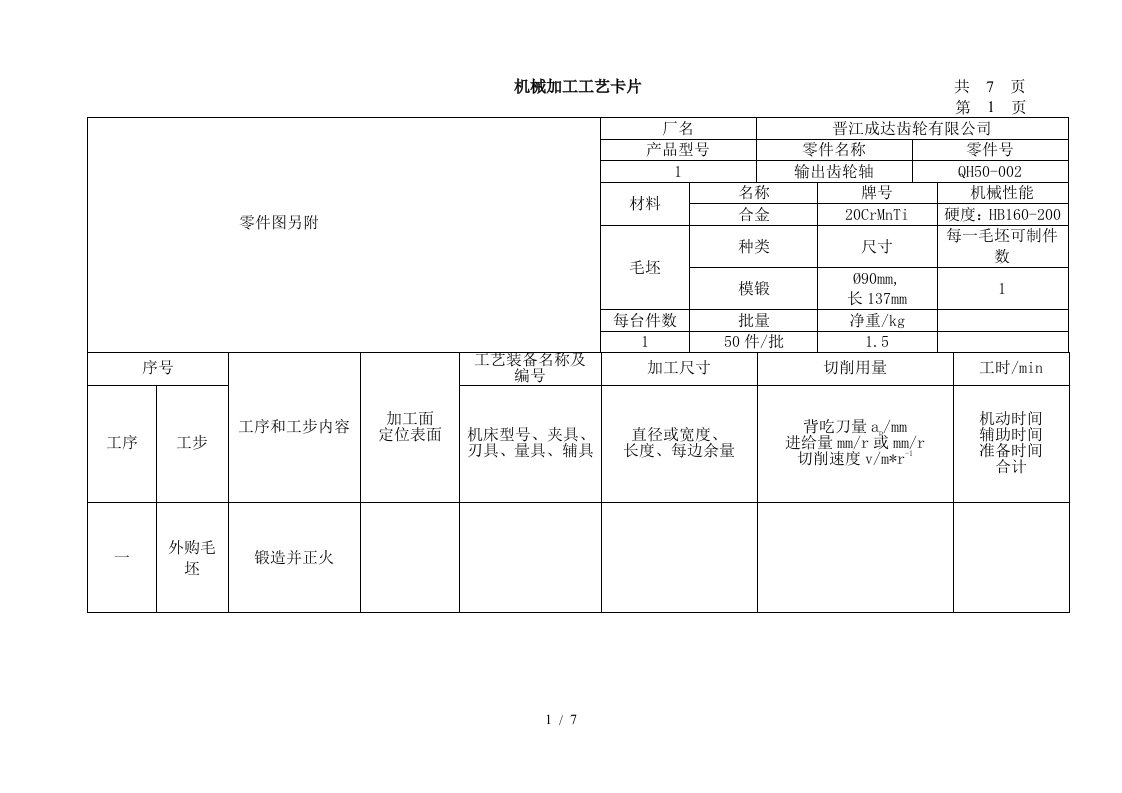 七、机械加工工艺卡片