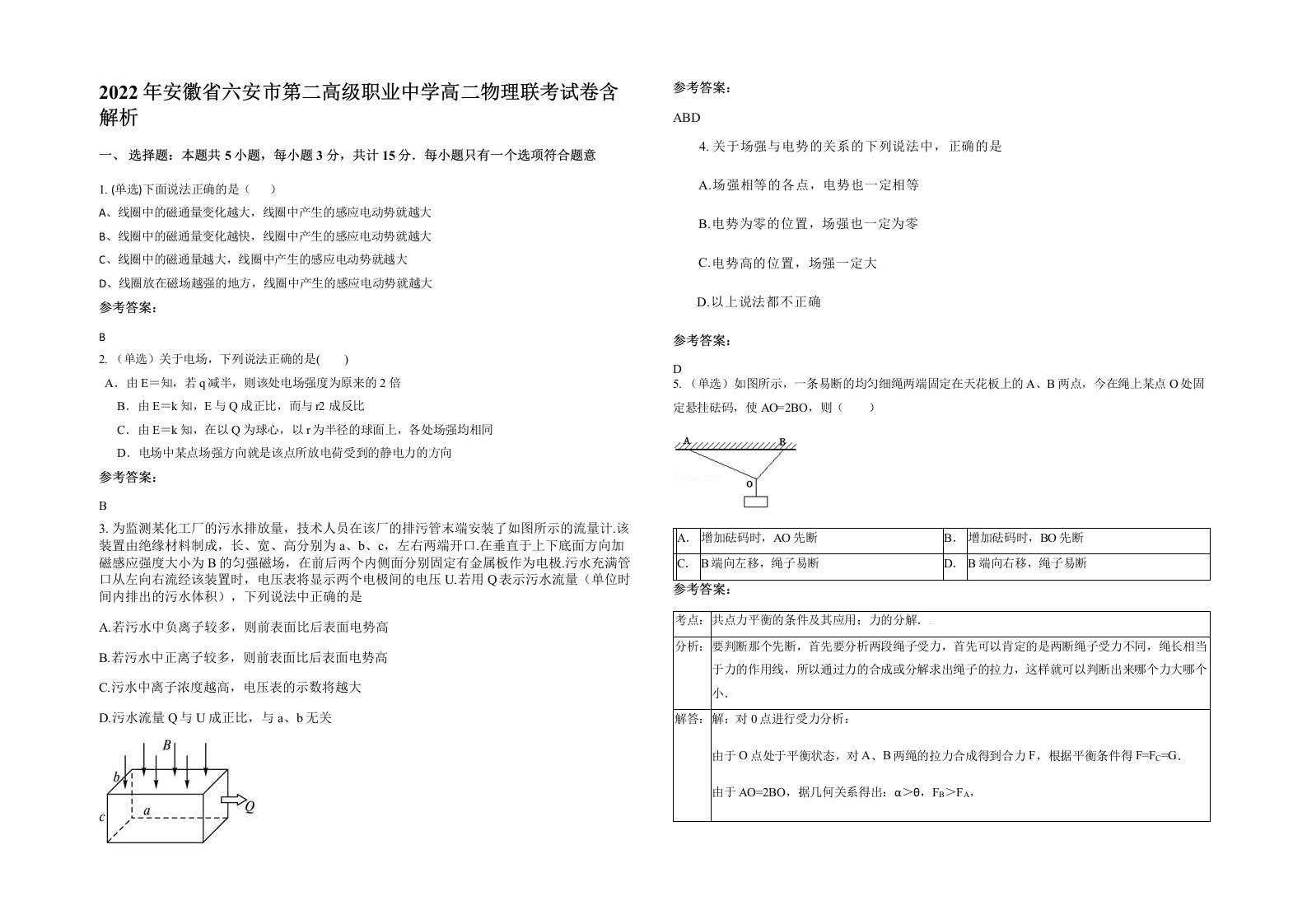 2022年安徽省六安市第二高级职业中学高二物理联考试卷含解析