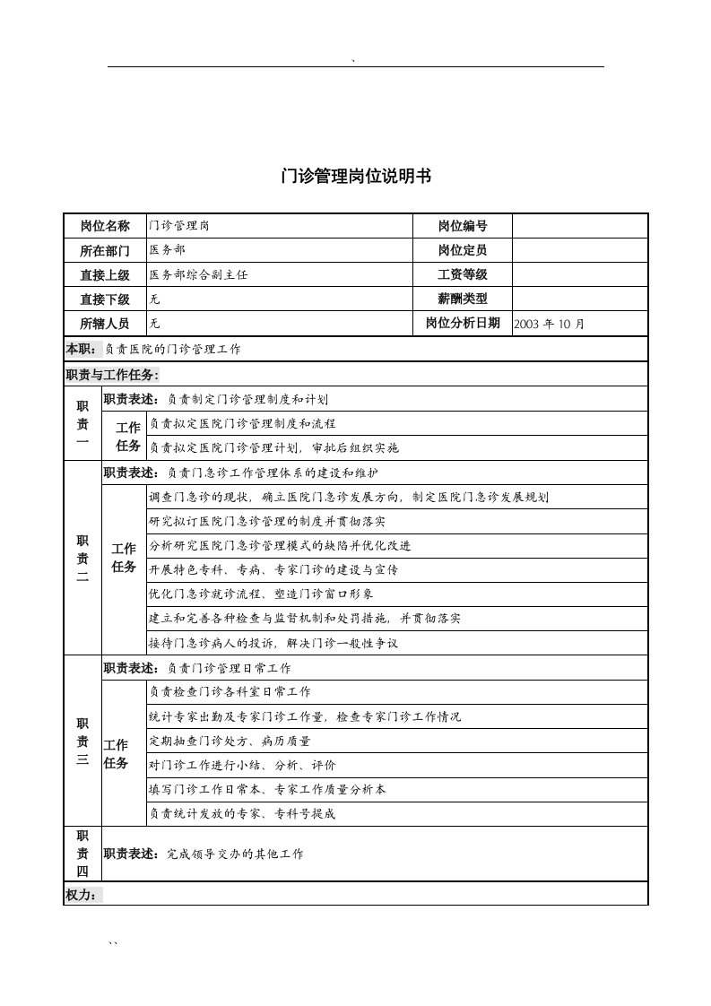 湖北新华医院医务部门诊管理岗位说明书