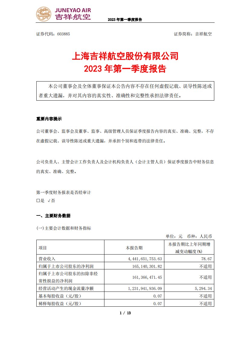 上交所-上海吉祥航空股份有限公司2023年第一季度报告-20230428