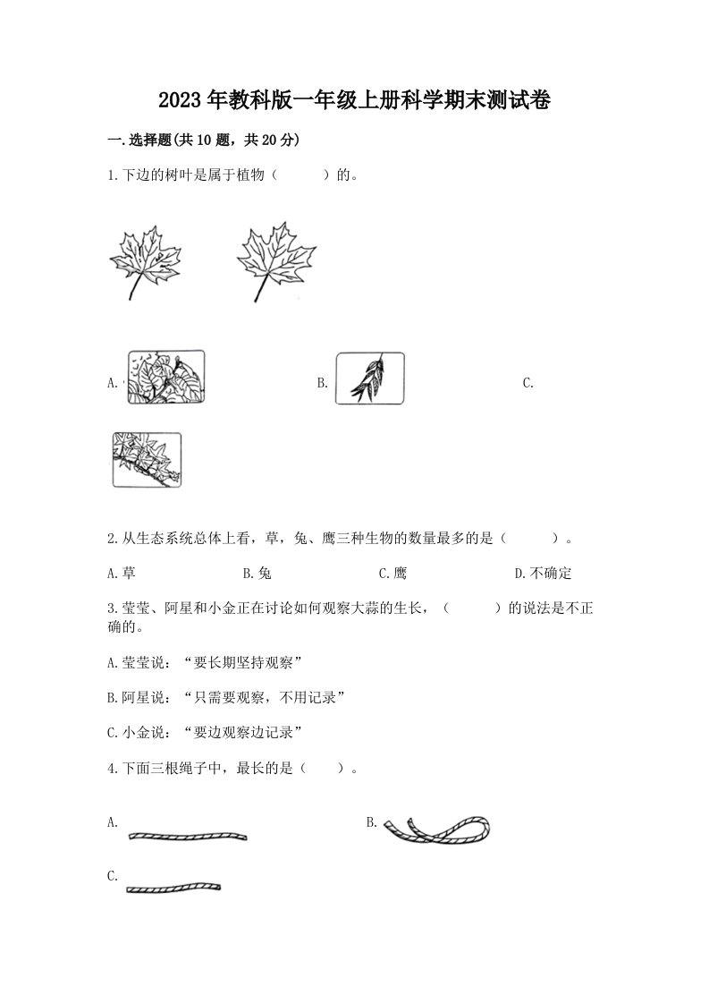 2023年教科版一年级上册科学期末测试卷含精品答案