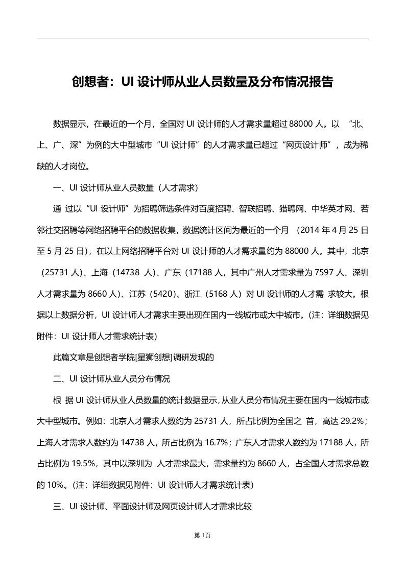 创想者：UI设计师从业人员数量及分布情况报告