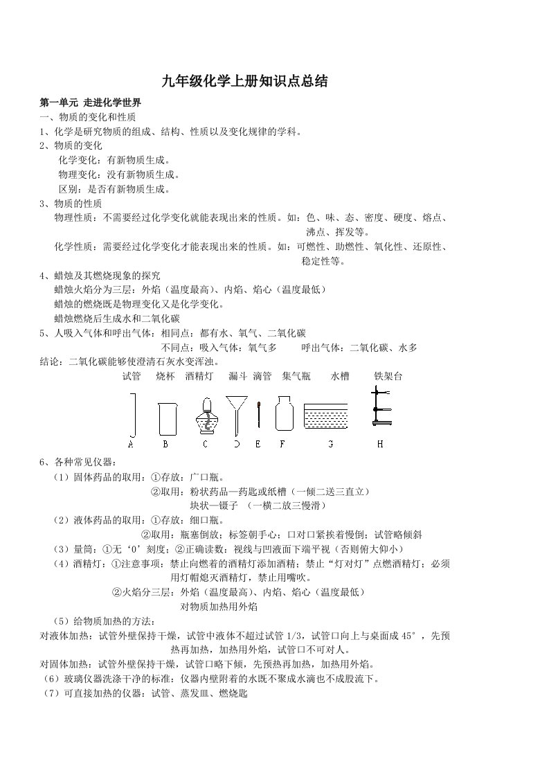 初三化学上下册复习知识点总结