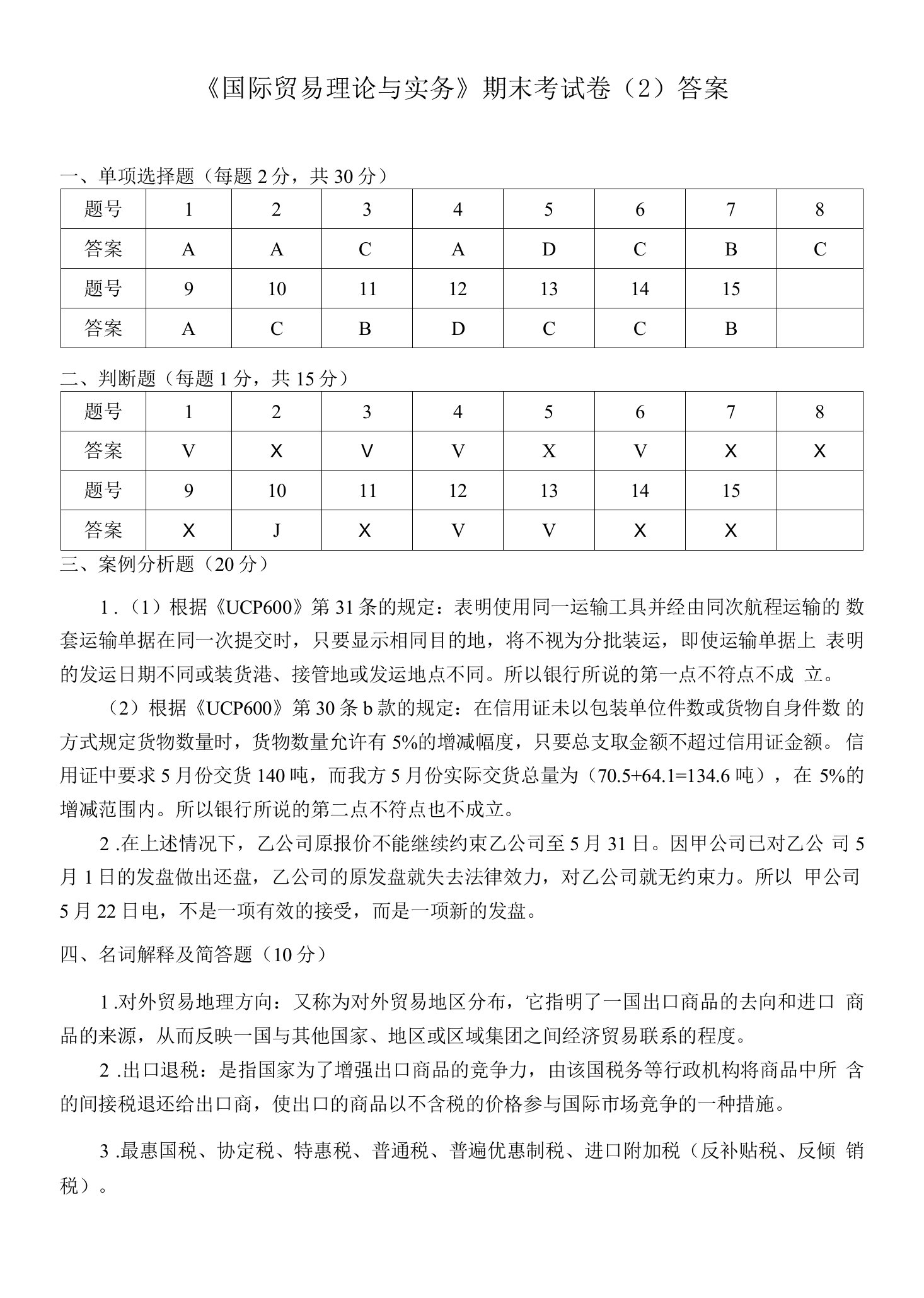 《国际贸易理论与实务》（第2版）期末考试卷-2答案