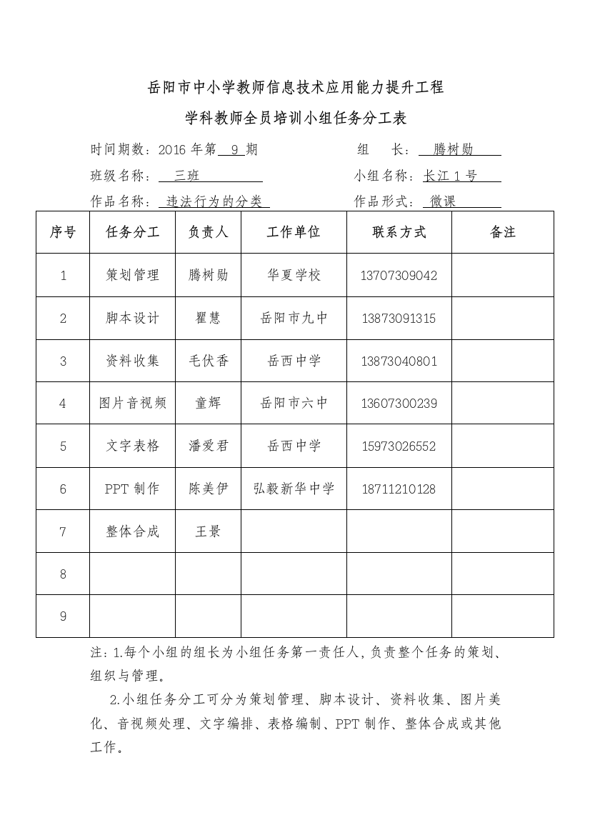 三班一组任务分工表