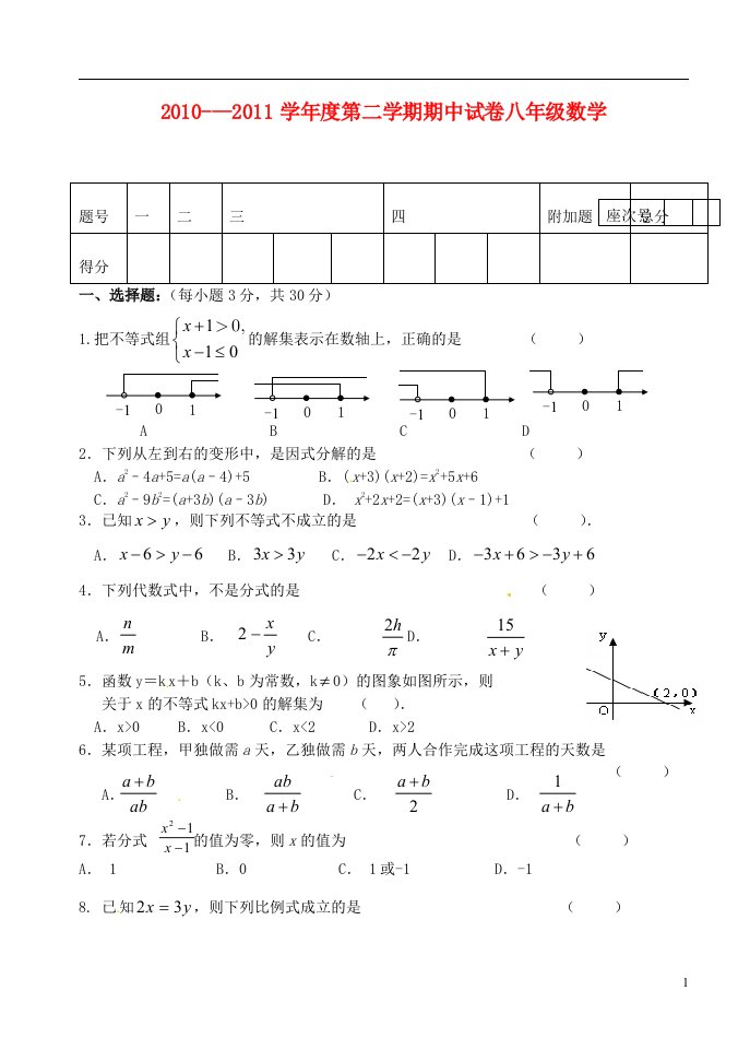 甘肃省张掖市2011-2012学年八年级数学下学期期中试题无答案