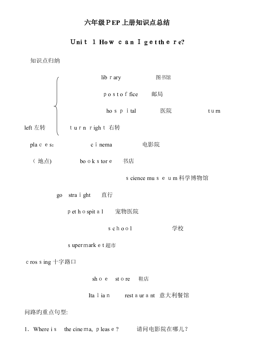 2023年新版PEP六年级上册英语期末复习知识点