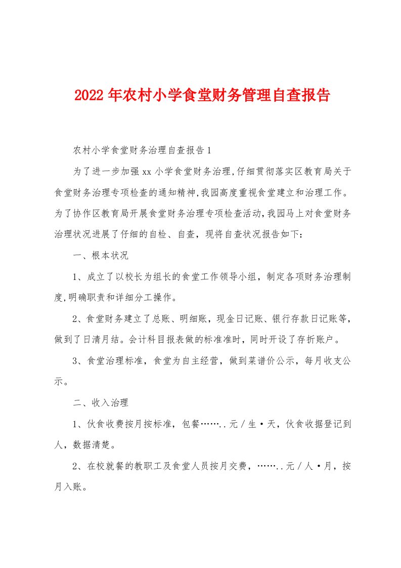 2022年农村小学食堂财务管理自查报告