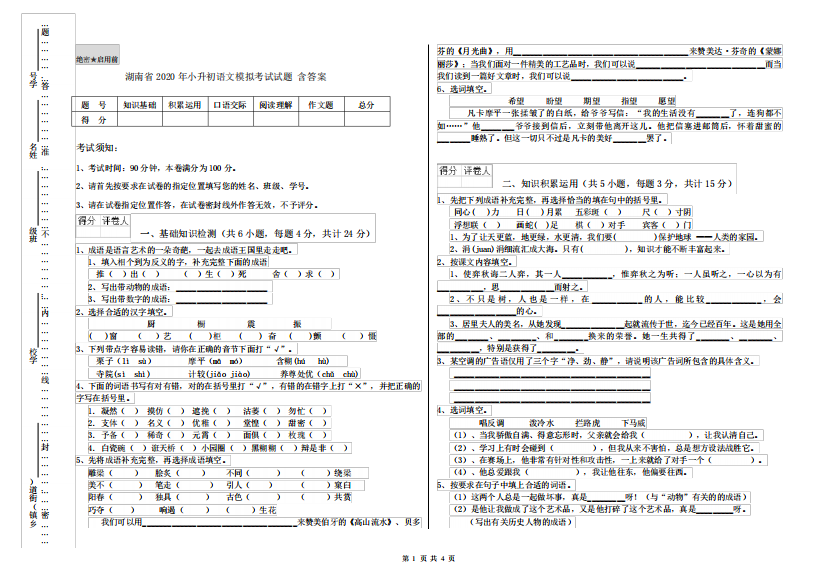 湖南省2020年小升初语文模拟考试试题