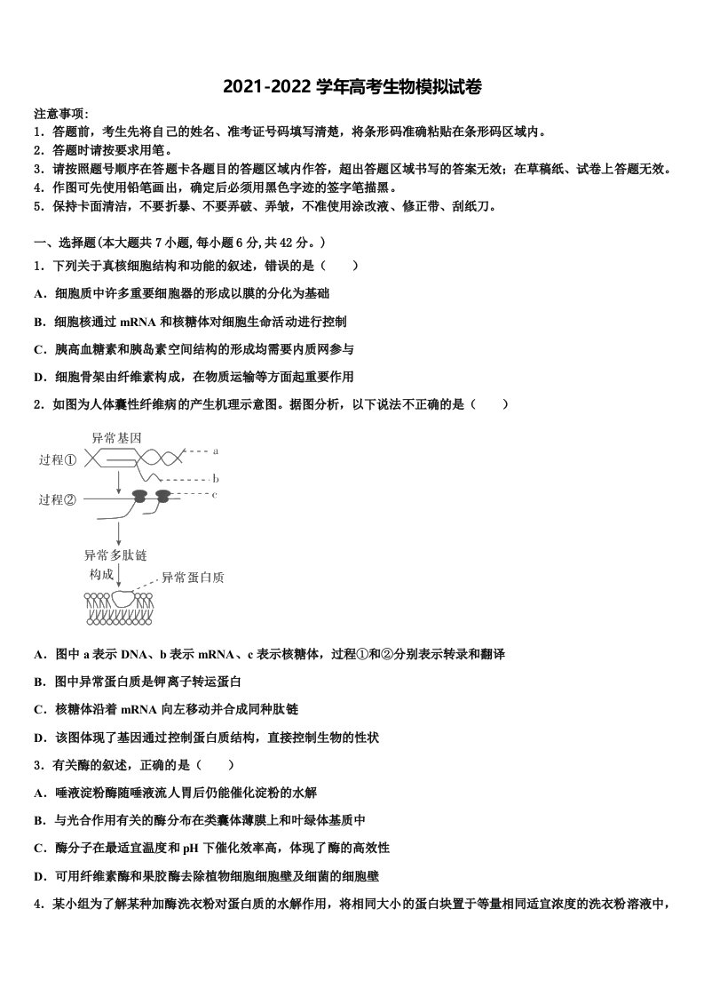 2022届广东省东莞市东莞中学高三最后一模生物试题含解析