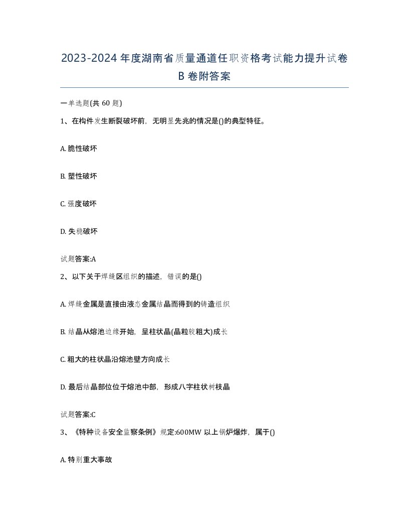 20232024年度湖南省质量通道任职资格考试能力提升试卷B卷附答案