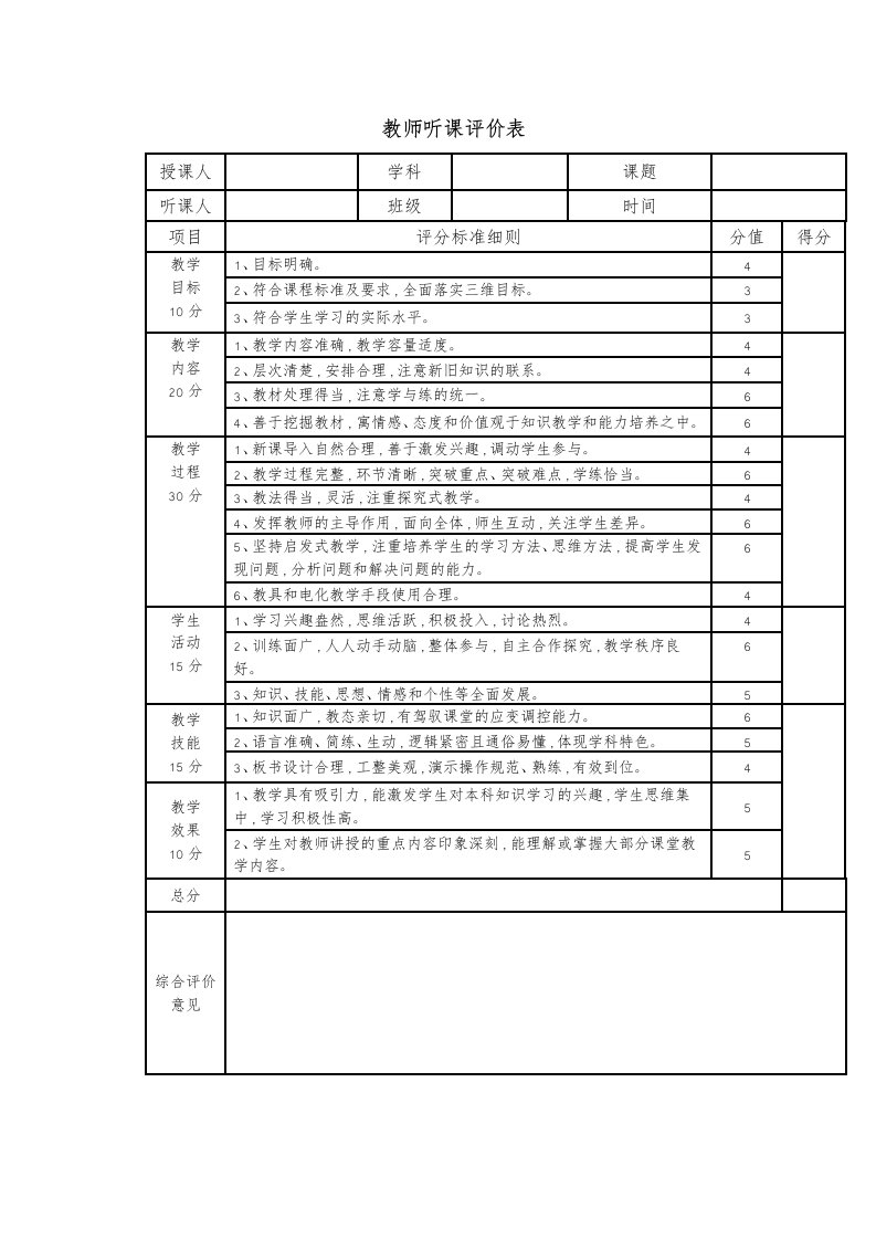 教师听课评价表