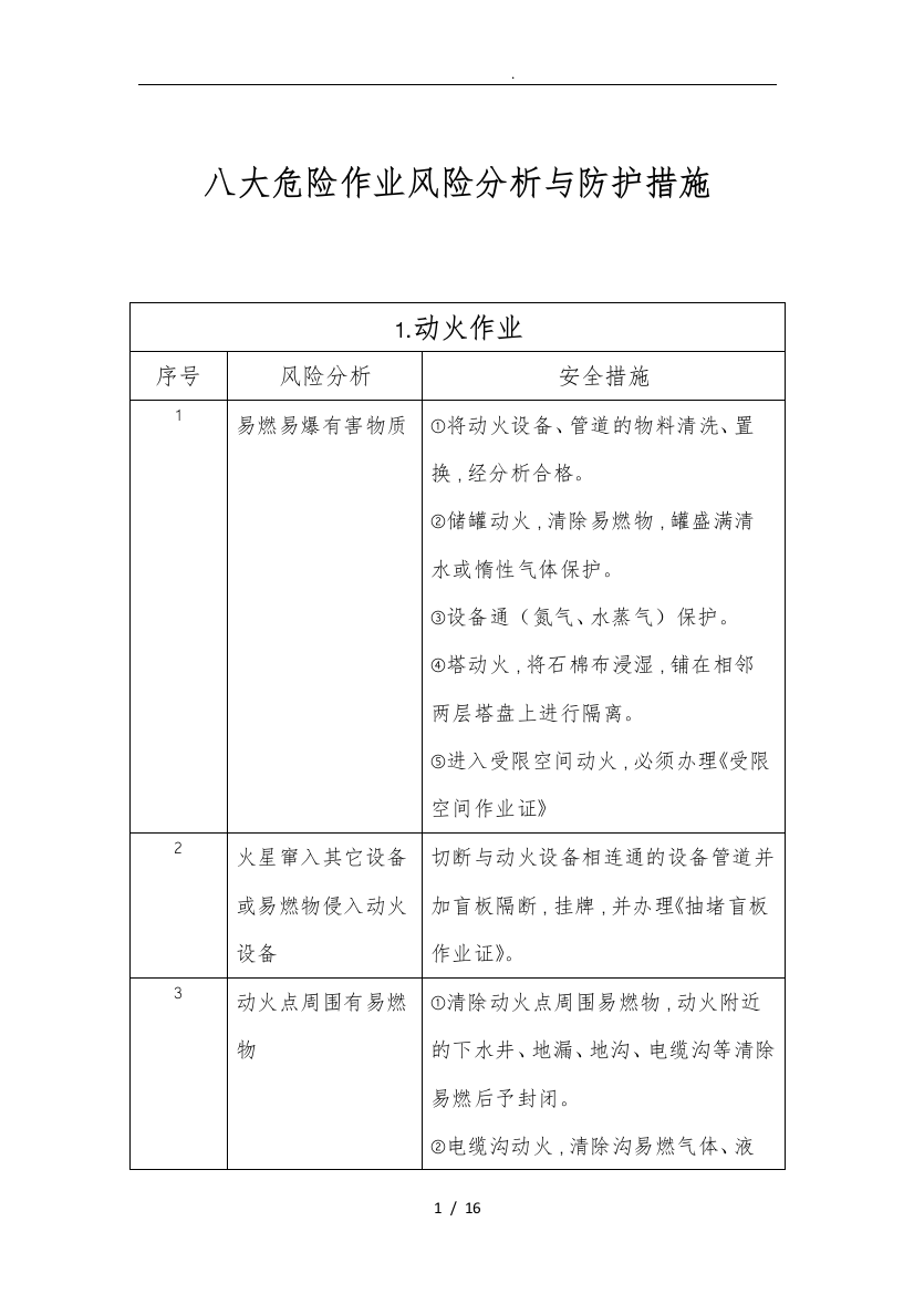 八大危险作业风险分析与防护措施方案