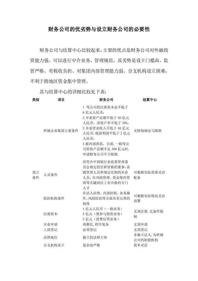 财务公司的优劣势与设立财务公司的必要性