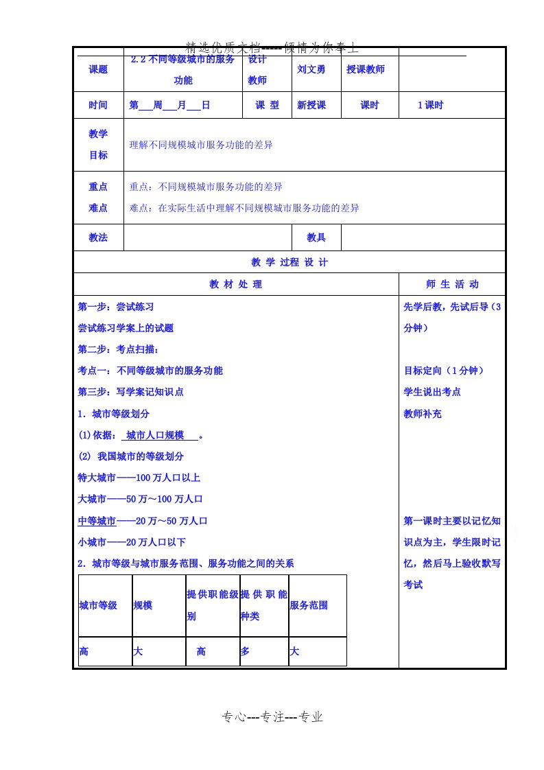 人教版地理必修二2.2不同等级城市的服务功能-教案(共5页)