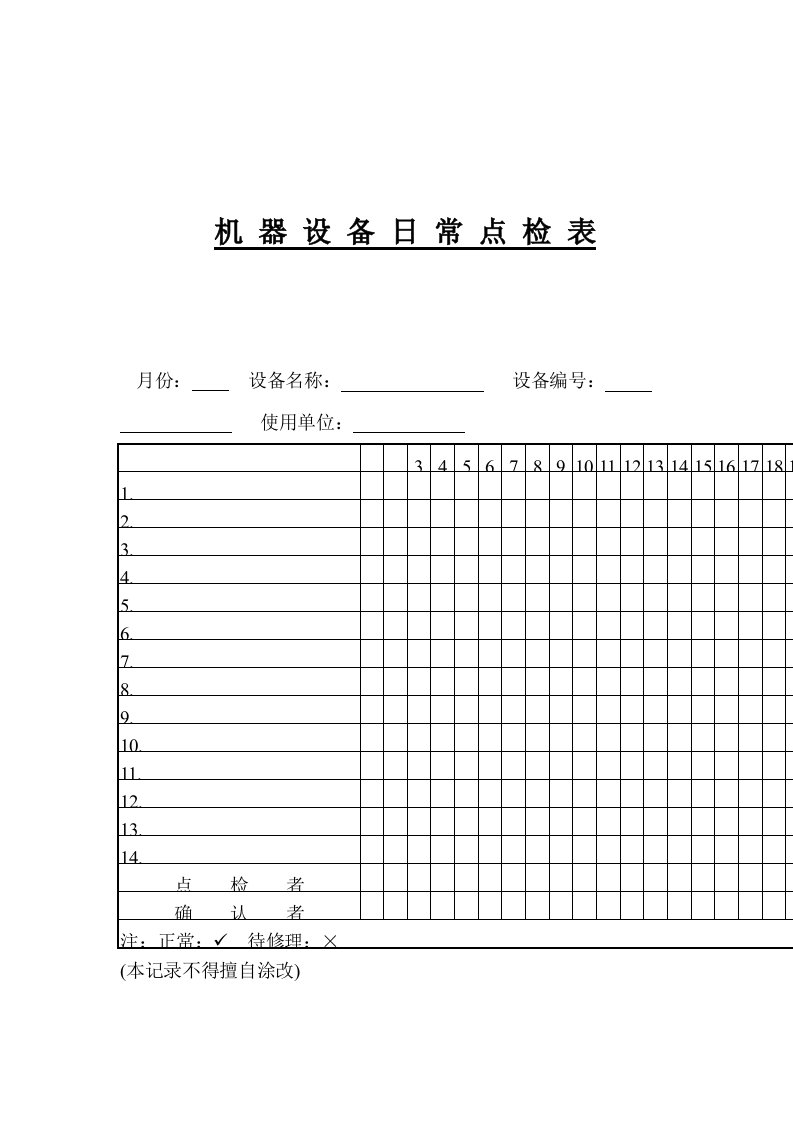 机器设备日常点检表