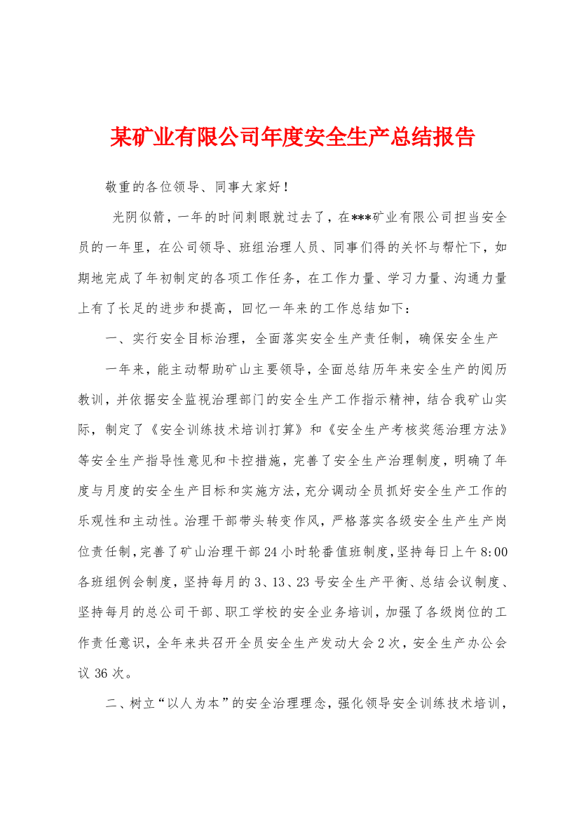 某矿业有限公司年度安全生产总结报告