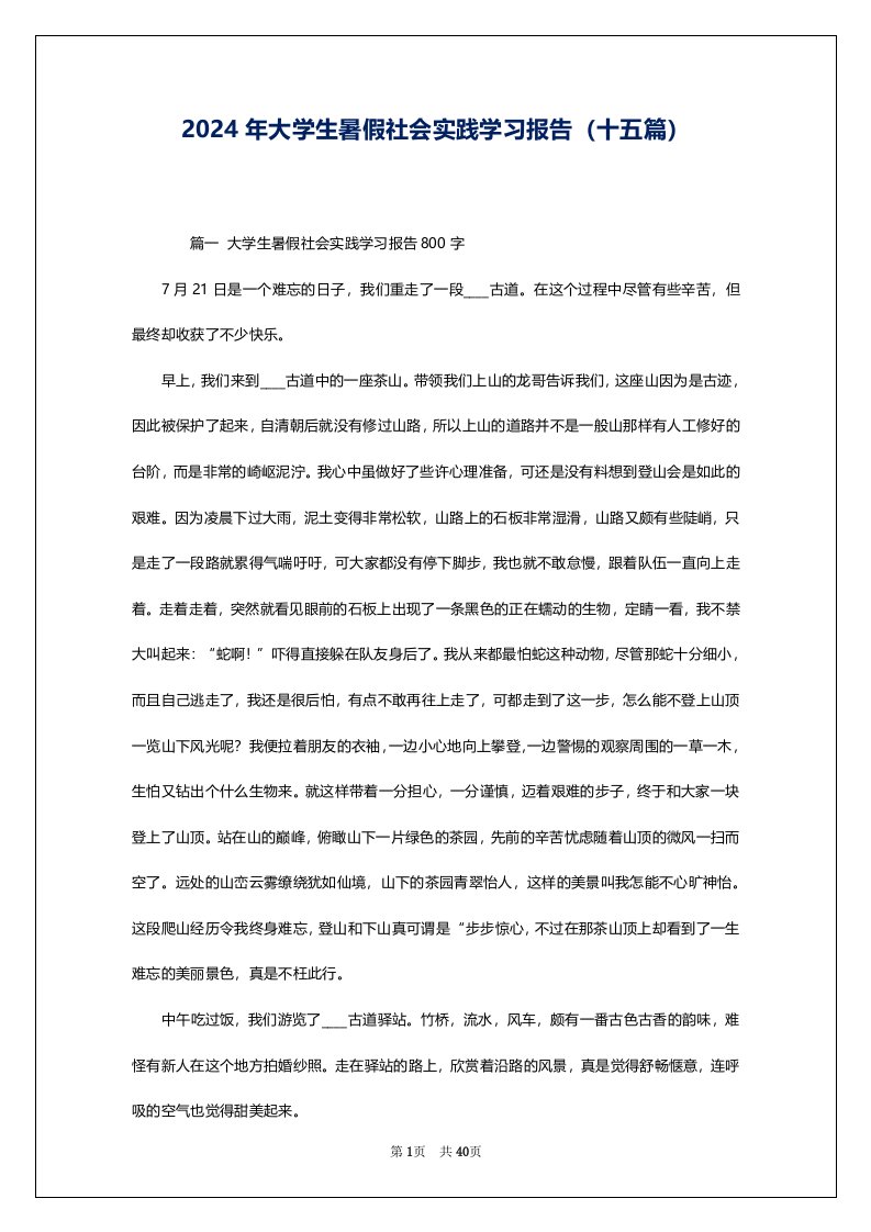 2024年大学生暑假社会实践学习报告（十五篇）