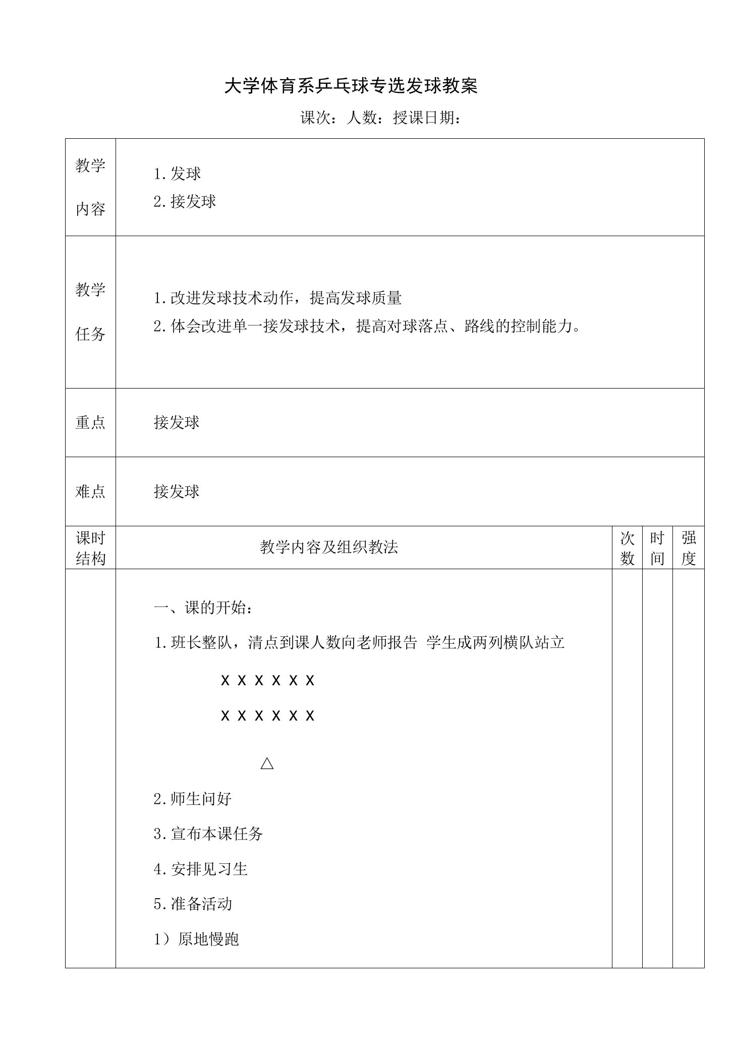 大学体育系乒乓球专选发球教案