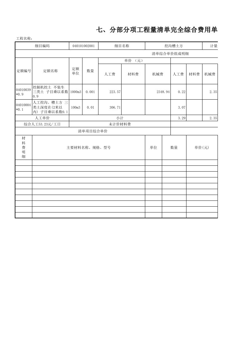 电力工程投标综合单价分析解析表资料