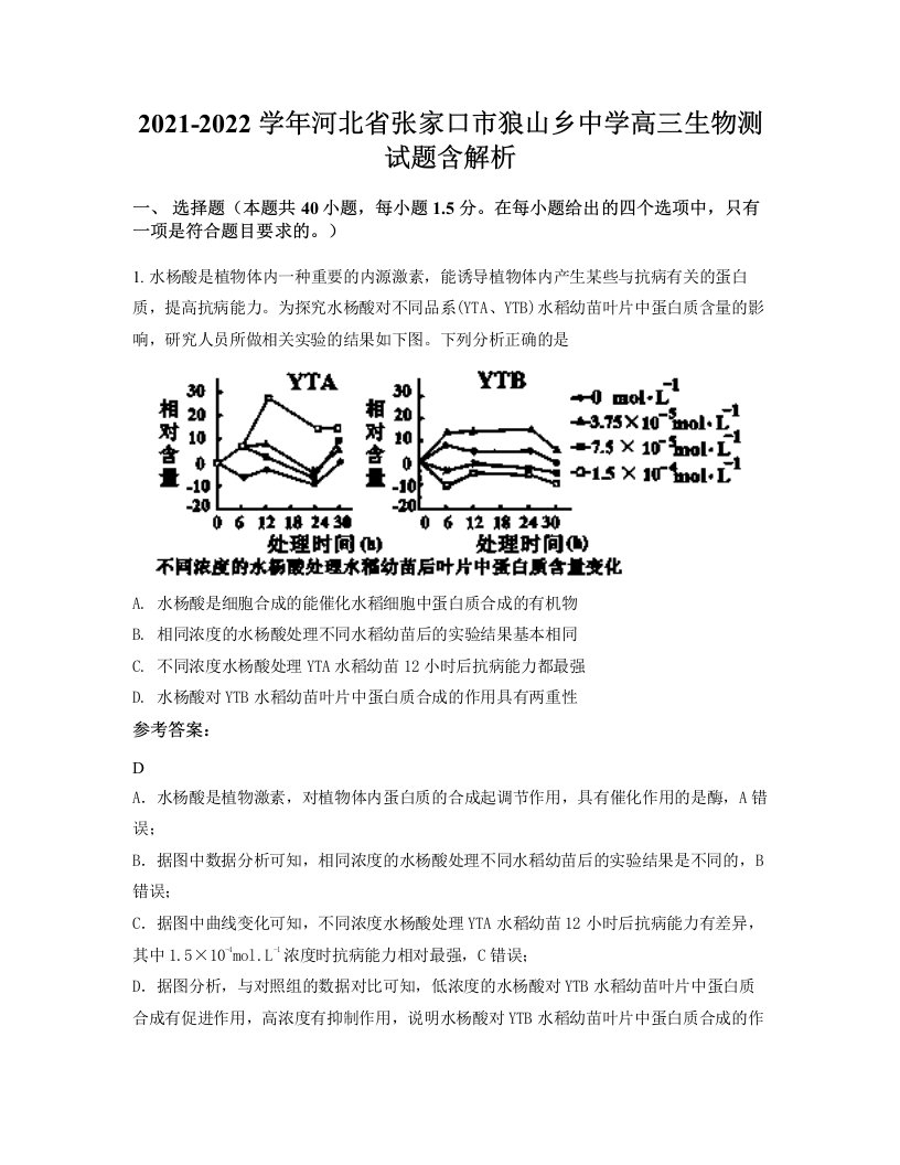 2021-2022学年河北省张家口市狼山乡中学高三生物测试题含解析