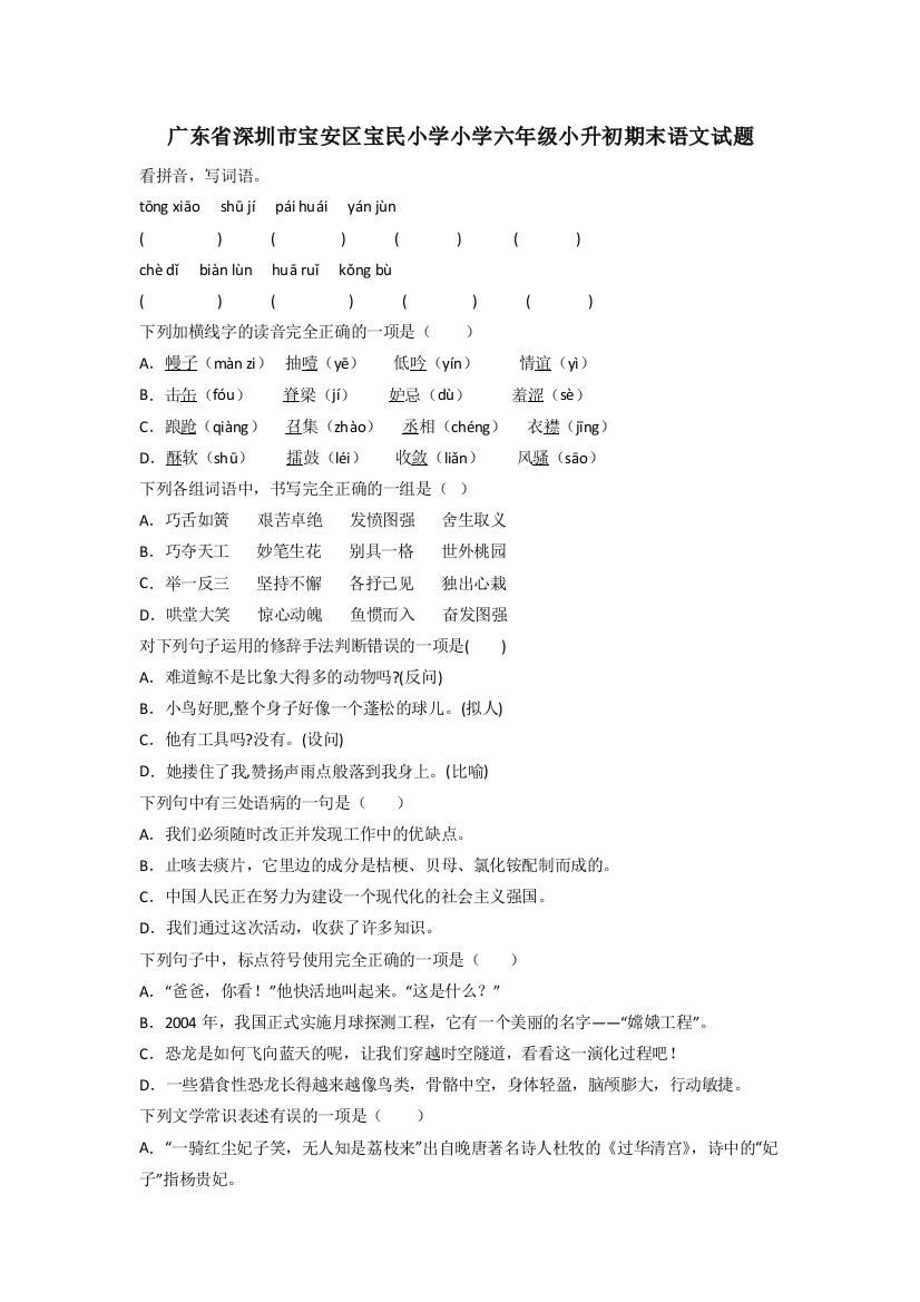 广东省深圳市宝安区宝民小学小学六年级小升初期末语文试题