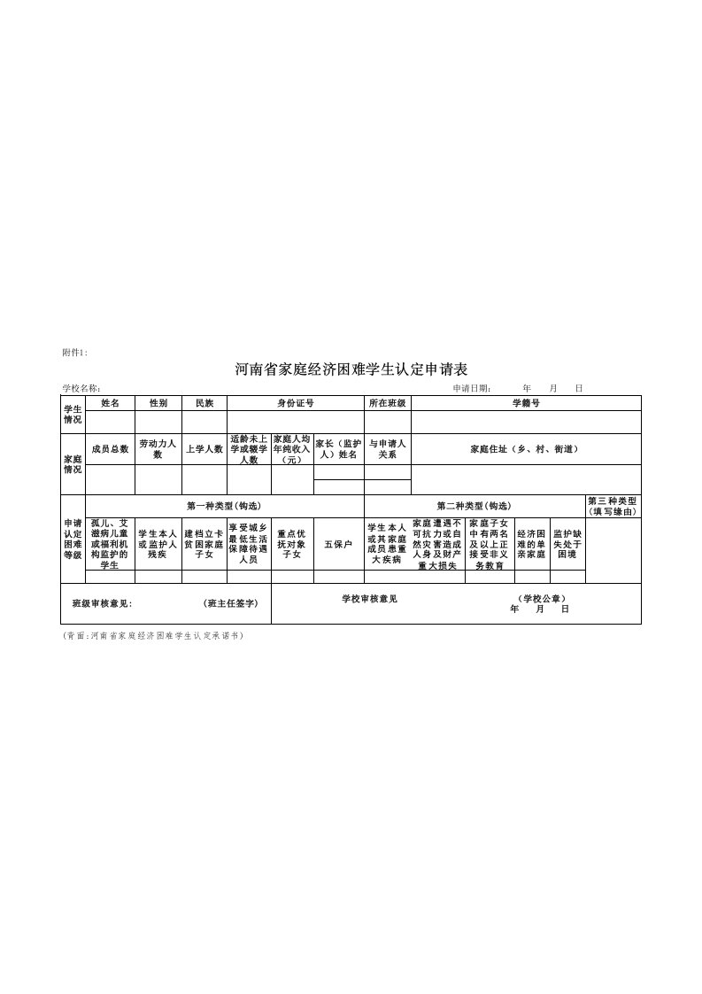 河南省家庭经济困难学生认定申请表