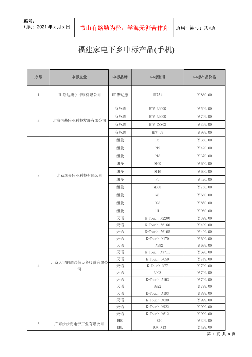 全国推广家电下乡产品（手机）项目招标结果公告