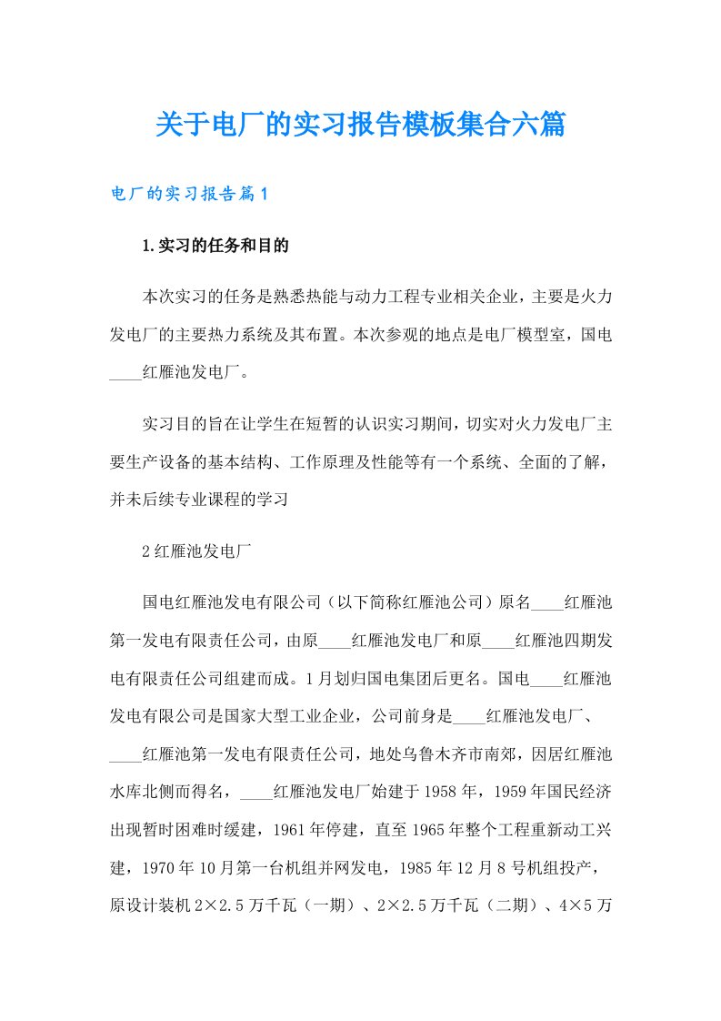 关于电厂的实习报告模板集合六篇