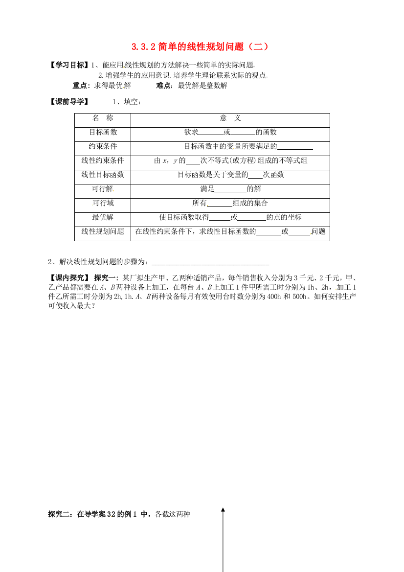 高中数学332简单的线性规划问题(二)导学案(无答案)新人教版必修5